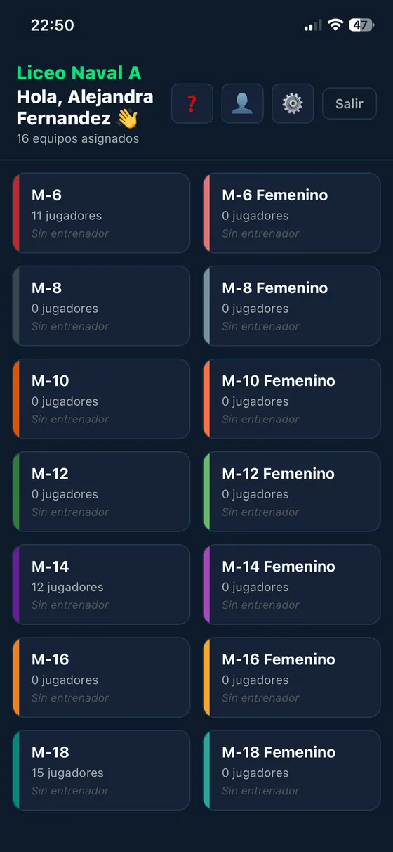 Pantalla de equipos de RugbyRoll con las categorías del club