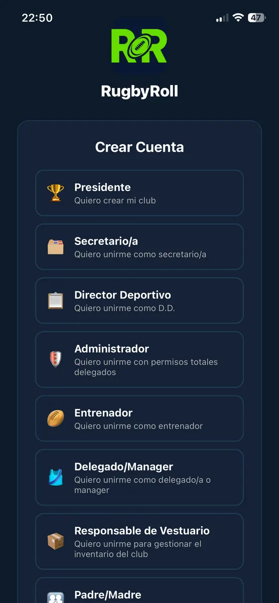 Pantalla de creación de cuenta de RugbyRoll con los roles: presidente, secretario, director deportivo, administrador, entrenador, delegado, vestuario y familias